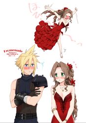  &gt;_&lt; 1boy 2021 aerith_gainsborough aerith_gainsborough_(red_dress) armor arms_up bad_id bad_pixiv_id bare_arms black_gloves black_sweater blonde_hair blue_eyes blush breasts brown_hair cleavage cloud_strife collarbone cropped_arms d&#039;orsay_heels dated dress earrings evening_gown eye_contact female final_fantasy final_fantasy_vii final_fantasy_vii_remake flamenco_dress floating_hair flower full_body gloves green_eyes hair_between_eyes hair_flower hair_intakes hair_ornament hair_ribbon high_heels jewelry krudears layered_dress long_hair looking_at_another medium_breasts necklace official_alternate_costume open_mouth outstretched_arms red_dress red_flower red_ribbon ribbed_sweater ribbon sandals shoulder_armor side_slit sleeveless sleeveless_sweater spiked_hair star_(symbol) star_earrings star_necklace strapless strapless_dress strappy_heels sweater turtleneck turtleneck_sweater twitter_username very_long_hair watermark white_background 