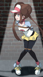  absurdres arms_behind_back black_pantyhose blue_eyes bondage bondage bound bow breasts brick_wall brown_hair chimu_xingcheng collar collarbone commentary_request double_bun female full_body hair_bun highres knees_together_feet_apart leash long_hair looking_to_the_side open_mouth pantyhose pantyhose_under_shorts pigeon-toed pink_bow pokemon pokemon_bw2 raglan_sleeves rosa_(pokemon) shirt shoes short_shorts shorts sneakers solo spotlight standing twintails visor_cap yellow_shorts 