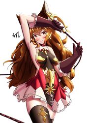  absurdres animal_ears armpits backless_outfit blush breasts brown_eyes brown_hair commission curvy erune female ferry_(granblue_fantasy) gloves granblue_fantasy highres md5_mismatch resolution_mismatch rooby_n sideboob skirt smile thighhighs thighs wavy_hair whip 