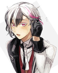  1boy absurdres akuma_shitsuji_to_kuroi_neko berrien_cliane black_hair blush formal gloves highres jacket leaning_forward long_sleeves looking_at_viewer male_focus multicolored_hair open_mouth pink_eyes pink_hair sindo_pink solo white_background white_hair white_jacket 