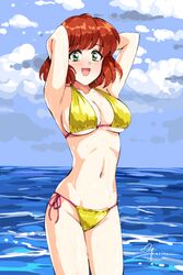  aposine artist_name bikini blush breasts cleavage cloud commentary day english_commentary female green_eyes highres looking_at_viewer navel ocean open_mouth original red_hair short_hair side-tie_bikini_bottom signature sky solo swimsuit water 