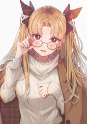  absurdres adjusting_eyewear alternate_costume bespectacled black_bow blonde_hair blurry blush bow brown_coat brown_jacket coat commentary_request earrings ereshkigal_(fate) fate/grand_order fate_(series) female glasses gold_earrings grey_background grey_nails hairbow hand_on_eyewear hand_up highres infinity_symbol jacket jacket_on_shoulders jewelry long_hair long_sleeves looking_at_viewer nail_polish red_eyes ribbed_sweater round_eyewear simple_background solo suna_co sweater turtleneck turtleneck_sweater two_side_up unmoving_pattern wavy_mouth white_sweater 