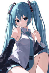  absurdres aqua_hair aqua_necktie armpit_crease bare_legs bare_shoulders black_skirt black_sleeves blue_eyes breasts closed_mouth collared_shirt commentary detached_sleeves english_commentary female grey_shirt hair_between_eyes hair_ornament hand_up hatsune_miku highres knee_up light_blush long_hair looking_at_viewer miniskirt necktie pleated_skirt rakugaki_ningen shirt sidelighting sidelocks simple_background skirt sleeveless sleeveless_shirt sleeves_past_elbows small_breasts solo twintails very_long_hair vocaloid white_background wide_sleeves wing_collar 