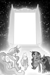  2:3 alicorn arofa_nahmat arofatamahn ass bright_light canid canine canis cutie_mark door equid equine female feral folded_wings friendship_is_magic group hasbro hi_res horn magic mammal monochrome my_little_pony mythological_creature mythological_equine mythology open_door open_mouth princess_celestia_(mlp) princess_luna_(mlp) sibling_(lore) sister_(lore) sisters_(lore) smile trio unavailable_at_source white_light wings wolf 