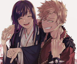  2boys aza_choubei aza_touma blonde_hair bracelet brothers grin holding_hands interlocked_fingers japanese_clothes jewelry jigokuraku kimono long_hair male_focus middle_finger multiple_boys necklace purple_hair scar scar_across_eye scar_on_face scar_on_nose sharp_teeth siblings smile spiked_bracelet spikes teeth thumbs_down white_background yaoi yellow_eyes yulu_syukita 