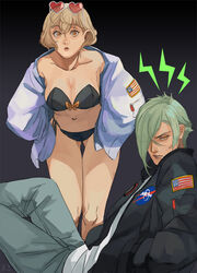  1boy alternate_costume american_flag bikini black_bikini black_jacket blonde_hair breasts chinese_commentary cleavage closed_mouth commentary_request dated_commentary eyewear_on_head feet_out_of_frame female genderswap_(mtf) gradient_background green_hair grey_background grey_pants hair_between_eyes hair_over_one_eye heart heart-shaped_eyewear higekiri_(touken_ranbu) hizamaru_(touken_ranbu) jacket large_breasts looking_at_viewer nasa_logo open_clothes open_jacket open_mouth pants red-tinted_eyewear rule_63 shirt short_hair sunglasses swimsuit tinted_eyewear touken_ranbu white_jacket white_shirt yellow_eyes z.i 