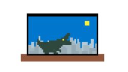  animated animated breath breath_weapon breathing_fire cityscape dinosaur fire glowing glowing_eyes kaijuu kawawagi original pixel_art shaking sky sun transparent_background yellow_eyes 