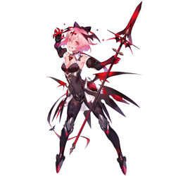  arm_up black_dress black_thighhighs bodysuit bodysuit_under_clothes bow breasts cleavage commentary_request covered_navel detached_collar dress elbow_gloves female full_body gloves grin hair_between_eyes hairbow highres holding holding_polearm holding_weapon illusion_connect mini_wings nina_(illusion_connect) pelvic_curtain pink_eyes pink_hair pointy_ears polearm raion_(soraelf) short_dress short_hair simple_background small_breasts smile solo sparkle spear thighhighs weapon white_background wings 