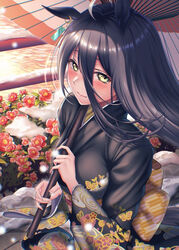  ahoge animal_ears black_hair black_kimono blush breasts earrings eyebrows_hidden_by_hair female flower hair_between_eyes holding holding_umbrella horse_ears horse_girl japanese_clothes jewelry kimono long_hair long_sleeves looking_at_viewer manhattan_cafe_(umamusume) medium_breasts oil-paper_umbrella outdoors rairaisuruyo single_earring smile solo umamusume umbrella water wide_sleeves yellow_eyes 