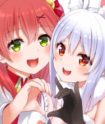  2girls ako_suke animal_ear_fluff animal_ears bell black_gloves blue_hair blush border cherry_blossoms collar commentary_request extra_ears gloves green_eyes hair_bell hair_between_eyes hair_ornament hairclip heart heart_hands heart_hands_duo hololive long_hair looking_at_viewer multiple_girls nail_polish open_mouth orange_eyes pink_hair pink_nails red_collar sakura_miko sakura_miko_(1st_costume) short_eyebrows teeth thick_eyebrows upper_teeth_only usada_pekora usada_pekora_(1st_costume) virtual_youtuber x_hair_ornament 