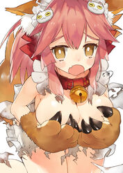  absurdres animal_ear_fluff animal_ears animal_hands apron bad_id bad_pixiv_id bare_shoulders bell blush blush_stickers bow breast_hold breasts cat_hair_ornament cat_paws claws collar fate/extra fate/grand_order fate_(series) female fox_ears fox_girl fox_tail gloves hair_ornament hairbow highres jingle_bell kneeling large_breasts leaning_forward long_hair looking_at_viewer naked_apron neck_bell niseneko_(mofumofu_ga_ienai) oerba_yun_fang open_mouth paw_gloves pink_hair ponytail red_bow sidelocks simple_background solo tail tamamo_(fate) tamamo_cat_(fate) thighs torn_apron torn_clothes white_background yellow_eyes 