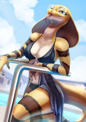  2022 anthro blue_eyes bra clothed clothing cloud eyelashes eyewear female fora forked_tongue glasses hi_res jewelry lingerie necklace omesore outside panties reptile round_glasses scales scalie sky snake snake_hood solo tongue tongue_out translucent underwear water yellow_body yellow_scales 