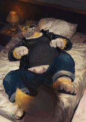  2022 anthro bed bedroom bottomwear canid canine canis clothing digital_media_(artwork) digital_painting_(artwork) full-length_portrait furniture heulen_(character) humanoid_hands kemono lying male mammal overweight overweight_male pants pillow portrait racoonwolf shirt solo topwear white_body wolf 