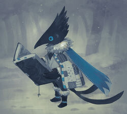  bird blue_eyes book bookmark boots cape capelet commentary crow forest fur_boots holding holding_book ka92 multiple_tails muted_color nature open_book original outdoors personification reading snow standing tail two_tails vest 