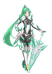  absurdres aegis_sword_(xenoblade) aotsuba breasts cosplay earrings female full_body gloves green_eyes green_hair high_heels highres jewelry kid_icarus large_breasts long_hair palutena pneuma_(xenoblade) pneuma_(xenoblade)_(cosplay) ponytail simple_background swept_bangs tiara very_long_hair white_background xenoblade_chronicles_(series) xenoblade_chronicles_2 