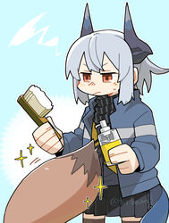  arknights black_shirt black_skirt blue_background blue_jacket blush_stickers bottle brown_legwear brush closed_mouth commentary_request eyebrows_hidden_by_hair franka_(arknights) grey_hair highres holding holding_bottle horns jacket konno_akikaze liskarm_(arknights) long_sleeves open_clothes open_jacket pleated_skirt red_eyes shirt skirt soap_dispenser sparkle squiggle sweat tail thighhighs twitter_username v-shaped_eyebrows 