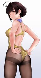  adjusting_clothes adjusting_swimsuit ahoge ass black_pantyhose breasts brown_eyes brown_hair competition_swimsuit cowboy_shot female from_behind gold_one-piece_swimsuit gradient_background highres koutetsujou_no_kabaneri looking_at_viewer looking_back mumei_(kabaneri) one-piece_swimsuit pantyhose pantyhose_under_swimsuit short_hair solo standing swimsuit thighband_pantyhose unfinished wa_(genryusui) white_background 