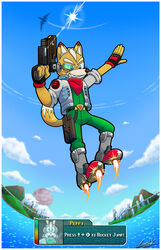  anthro arwing blaster_pistol body_of_water boots border canid canine clothing english_text footwear fox fox_mccloud gsvproductions hi_res male mammal mountain nintendo rocket_boots sky solo star_fox text white_border 