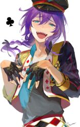  1boy ayase_mayoi blue_eyes braid commentary ensemble_stars! ezu_(e104mjd) fingerless_gloves floating_hair gloves hair_between_eyes highres long_hair long_sleeves looking_at_viewer male_focus mole mole_under_mouth open_mouth purple_hair sharp_teeth simple_background single_braid smile solo teeth white_background 