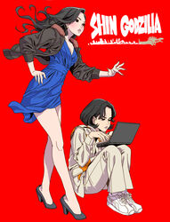  2girls absurdres at_computer black_eyes black_footwear black_hair black_jacket blue_dress breasts cleavage computer cross-laced_footwear dress earrings freckles glaring godzilla_(series) half-closed_eyes hand_on_own_hip high_collar highres jacket jewelry kayoco_anne_patterson laptop leaning_forward legs lips long_sleeves medium_breasts monster_in_kamata multiple_girls ogashira_hiromi open_clothes open_jacket outstretched_arm pants red_background shin_godzilla shoes short_dress simple_background sitting sneakers standing typing white_footwear white_jacket white_pants yamashita_shun&#039;ya 