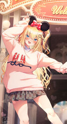  :d akai_haato arm_up blonde_hair blue_eyes blush bow breasts brown_skirt clothes_writing commentary_request disneyland eyes_visible_through_hair female hair_between_eyes hair_ornament hair_ribbon hairclip heart heart_hair_ornament highres holding_hands hololive light_particles long_hair long_sleeves looking_at_viewer magowasabi miniskirt minnie_mouse_ears nail_polish official_alternate_hairstyle out_of_frame pink_sweater plaid plaid_skirt polka_dot polka_dot_bow red_bow red_nails red_ribbon ribbon signature skirt sleeves_past_wrists smile solo_focus standing sweater twitter_username two_side_up v very_long_hair virtual_youtuber x_hair_ornament 