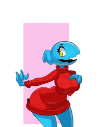  4:5 blue_body breasts clothed clothing female hi_res open_mouth red_clothing red_sweater red_topwear sollarian solo sweater topwear unknown_species yellow_eyes 