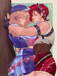  2girls absurdres armlet black_nails blonde_hair blush caitlyn_(league_of_legends) covering_another&#039;s_mouth crop_top eye_contact fingerless_gloves fishnet_top fishnets from_side gloves hairband hand_on_another&#039;s_waist hat heart heartache_vi heartthrob_caitlyn highres kabedon league_of_legends lesbeanlatte long_hair looking_at_another multiple_girls nail_polish pink_hair scar short_hair skirt smile spiked_armlet spiked_hairband spikes teeth toned vi_(league_of_legends) yuri 