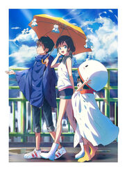  2boys :d amano_hina_(tenki_no_ko) amano_nagi black_hair blue_eyes blurry blurry_background boots brown_eyes commentary_request day denim female highres holding holding_umbrella morishima_hodaka_(tenki_no_ko) multiple_boys open_mouth outdoors partial_commentary puddle railing rain_poncho raincoat rubber_boots shared_umbrella shirt shoes short_shorts shorts sleeveless smile sneakers tenki_no_ko teruterubouzu twintails umbrella uni_sirasu water wet white_shirt yellow_footwear yellow_umbrella 