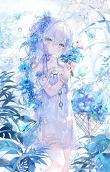  anemone_(flower) animal apple arm_garter banana bare_shoulders blue_butterfly blue_eyes blue_flower blue_gemstone blue_ribbon blue_rose blue_theme bracelet bridal_garter bug butterfly cantaloupe choker closed_mouth collarbone commentary dress english_commentary feet_out_of_frame female flower flower_trim food food-themed_hair_ornament fruit fruit_hair_ornament gem grape_hair_ornament grapes grey_hair hair_between_eyes hair_flower hair_ornament hands_up highres holding holding_flower jewelry kiwi_(fruit) lemon long_hair looking_at_viewer melon onineko orange_(fruit) original peach pillar plant ribbon ribbon_choker rose single_wrist_cuff solo standing strapless strapless_dress strawberry strawberry_hair_ornament table very_long_hair water_drop white_dress wrist_cuffs 