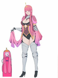  absurdres adventure_time armor belt blunt_bangs breasts cleavage colored_skin eyeshadow female full_body greaves grey_skin high_heels highres liya_nikorov long_hair makeup mole mole_on_breast mole_under_eye photoshop_(medium) pink_eyes pink_eyeshadow pink_hair pink_lips princess_bonnibel_bubblegum simple_background solo tiara vambraces very_long_hair white_background 