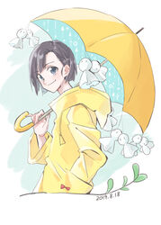  1boy amano_nagi black_hair blue_eyes commentary dated hand_in_pocket highres hood hood_down male_focus miyako1135u parted_bangs raincoat smirk solo standing tenki_no_ko teruterubouzu umbrella white_background yellow_raincoat yellow_umbrella 