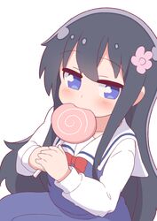  black_hair blue_dress blue_eyes bow bowtie candy commentary_request dress female flower food food_in_mouth hair_flower hair_ornament hatafuta holding holding_candy holding_food holding_lollipop lollipop long_hair long_sleeves pink_flower red_bow sailor_collar sailor_dress school_uniform shirosaki_hana shirt simple_background solo sunshine_creation swirl_lollipop watashi_ni_tenshi_ga_maiorita! white_background white_sailor_collar white_shirt 