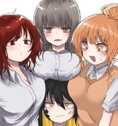  4girls :d absurdres anger_vein black_hair blonde_hair blush breast_rest breasts breasts_on_head brown_eyes brown_hair closed_mouth collared_shirt commentary_request dress_shirt facial_mark girl_sandwich grey_eyes grey_hair hair_between_eyes hair_bun highres kamatama kuso_zako_choroin_nishiga_hachi large_breasts medium_breasts multicolored_hair multiple_girls ninomiya_yuri nishiga_hachi open_mouth red_eyes red_hair sandwiched shirt short_sleeves single_hair_bun smile surrounded sweat sweater_vest two-tone_hair v-shaped_eyebrows wavy_mouth yellow_eyes 