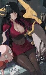  alakazam bent_spoon black_hair blunt_bangs bodysuit breasts cleavage commentary covered_navel cropped_jacket female gloves hand_up highres j@ck jacket long_hair long_sleeves looking_at_viewer mr._mime pencil_skirt pokemon pokemon_(creature) pokemon_frlg red_eyes red_jacket red_skirt sabrina_(pokemon) side_slit sidelocks sitting skirt spoon turtleneck turtleneck_jacket venomoth white_gloves 