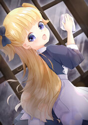  :d absurdres apron black_bow black_dress blonde_hair blue_eyes bow cleaning commentary_request dress dutch_angle emilico_(shadows_house) female from_behind hairbow highres inahori living_doll_uniform long_hair long_sleeves looking_at_viewer looking_back open_mouth puffy_long_sleeves puffy_sleeves rag shadows_house smile solo two_side_up very_long_hair waist_apron white_apron window 