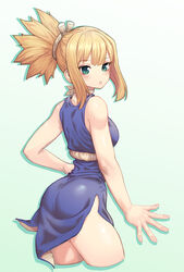  absurdres armpits arms_up blonde_hair blue_dress blue_sky blush bra breasts cleavage cloud commentary_request cropped_legs dated day dr._stone dress female from_behind from_below from_side green_eyes groin hand_on_own_hip highres kohaku_(dr._stone) long_hair looking_back medium_breasts mochirong navel outdoors outstretched_hand parted_lips partial_commentary ponytail shiny_clothes short_dress side_slit sidelocks sky sleeveless sleeveless_dress solo standing underwear wading white_background white_bra 