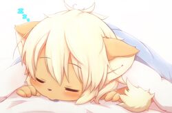  ambiguous_gender anthro bedding blanket blonde_hair bodily_fluids closed_eyes cyberconnect2 do_obmmm drecom drooling felid full_bokko_heroes hair hi_res kemono lion lying mammal on_front pantherine saliva sleeping solo sound_effects vowelless vowelless_sound_effect young young_anthro zzz 