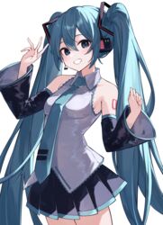  aqua_hair aqua_necktie arm_tattoo arm_up armpit_crease bare_shoulders black_skirt black_sleeves blue_eyes breasts collarbone collared_shirt commentary cowboy_shot curled_fingers detached_sleeves english_commentary female grey_shirt grin hair_between_eyes hair_ornament hand_up hatsune_miku headset highres light_blush long_hair looking_at_viewer necktie number_tattoo pleated_skirt raised_eyebrows rakugaki_ningen shirt sidelocks simple_background skirt sleeveless sleeveless_shirt sleeves_past_elbows small_breasts smile solo standing tattoo teeth twintails very_long_hair vocaloid white_background wide_sleeves wing_collar 