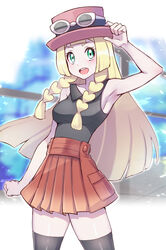  armpits bare_arms blonde_hair blunt_bangs blush braid breasts clenched_hand cosplay eyelashes eyewear_on_headwear female green_eyes hand_on_headwear highres lillie_(pokemon) long_hair orange_skirt pleated_skirt pokemon pokemon_sm pokemon_xy serena_(pokemon) serena_(pokemon)_(cosplay) shirt skirt sleeveless sleeveless_shirt solo sunglasses thighhighs twin_braids white-framed_eyewear yasu_suupatenin 