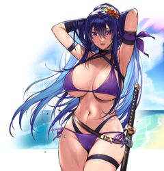  aa-rance akiyama_rinko armpits arms_behind_head bikini blue_hair breasts female highres large_breasts long_hair looking_at_viewer md5_mismatch navel open_mouth purple_bikini purple_eyes revision sheath sheathed side-tie_bikini_bottom swimsuit sword taimanin_(series) taimanin_yukikaze water_drop weapon wet wet_clothes wet_swimsuit 