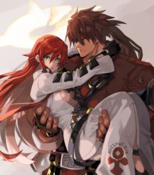  1boy arms_around_neck bad_id bad_pixiv_id bell-bottoms bodysuit breasts broken_halo brown_hair carrying colored_inner_hair couple female forehead_protector green_eyes grey_hair guilty_gear guilty_gear_strive halo headband jack-o&#039;_valentine long_hair medium_breasts multicolored_hair no_bra pants princess_carry red_hair riarashu sol_badguy spiked_halo straight two-tone_hair very_long_hair white_bodysuit 