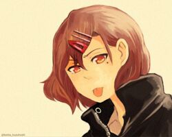  :p artist_name brown_hair female hair_between_eyes hair_ornament hairclip higuchi_madoka idolmaster idolmaster_shiny_colors kusaka_yoru mole mole_under_eye portrait red_eyes short_hair solo tongue tongue_out 