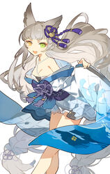  animal_ears artist_name bare_shoulders bath_yukata blue_kimono braid breasts cleavage cyenmi3 dress erune feet_out_of_frame female granblue_fantasy green_eyes grey_hair heterochromia highres japanese_clothes kimono long_hair long_sleeves looking_at_viewer obi off_shoulder open_mouth orange_eyes pholia pholia_(yukata) sash short_dress sleeveless sleeveless_dress small_breasts smile solo twin_braids very_long_hair white_dress wide_sleeves yukata 