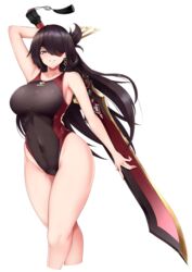  armpits bare_shoulders beidou_(genshin_impact) black_hair blackcliff_slasher_(genshin_impact) blush breasts collarbone competition_swimsuit earrings eyepatch female genshin_impact grin hair_ornament hair_over_one_eye hairpin highleg highleg_swimsuit highres holding holding_sword holding_weapon jewelry large_breasts long_hair looking_at_viewer masaki_nanaya one-piece_swimsuit red_eyes smile solo swimsuit sword thighs two-tone_swimsuit weapon 