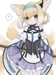  ? animal_ear_fluff animal_ears apron arknights bare_shoulders blonde_hair blue_hairband blush braid braided_hair_rings brown_eyes closed_mouth commentary eyebrows_hidden_by_hair female fox_ears fox_girl fox_tail frilled_skirt frills hair_between_eyes hair_rings hairband highres infection_monitor_(arknights) kitsune material_growth multicolored_hair oripathy_lesion_(arknights) pantyhose pleated_skirt purple_skirt shirt simple_background skirt smile solo someyaya spoken_question_mark suzuran_(arknights) tail twin_braids two-tone_hair waist_apron white_apron white_background white_hair white_pantyhose white_shirt 