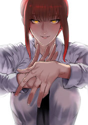  black_necktie blunt_bangs breasts chainsaw_man female furiouzly hands_up highres large_breasts long_sleeves looking_at_viewer makima_(chainsaw_man) medium_hair necktie red_hair ringed_eyes shirt simple_background smile solo upper_body white_background white_shirt yellow_eyes 