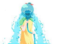  :d animated animated aqua_hair closed_eyes dress female grin hairband hose kawawagi open_mouth original pixel_art ponytail red_hairband smile solo standing water yellow_dress 