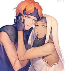  2boys 723_(tobi) black_gloves blonde_hair blue_eyes blue_shirt dark-skinned_male dark_skin gloves grin headband jojo_no_kimyou_na_bouken long_hair looking_at_viewer multiple_boys orange_hair shirt simple_background sleeveless sleeveless_shirt smile squalo teeth tiziano vento_aureo white_background white_shirt yellow_eyes 