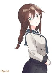  absurdres black_sailor_collar black_skirt braid brown_hair cowboy_shot female green_eyes highres kantai_collection long_sleeves necktie noshiro_(kancolle) noshiro_kai_ni_(kancolle) one-hour_drawing_challenge pleated_skirt robinson_(day_l_full) sailor_collar sailor_shirt school_uniform serafuku shirt simple_background skirt solo swept_bangs twin_braids upper_body white_background 