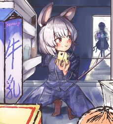  2girls :t alternate_costume animal_ears barefoot blue_pajamas blush breasts carton cheese commentary_request doorway eating food ginnkei grey_hair hijiri_byakuren milk_carton mouse_ears mouse_tail multiple_girls nazrin pajamas plastic_bottle pov red_eyes refrigerator refrigerator_interior short_hair silhouette small_breasts sorcerer&#039;s_sutra_scroll squatting tail touhou x-ray 